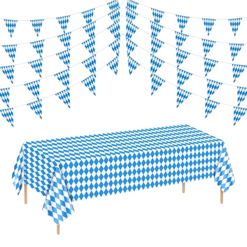 Oktoberfest Deko, Bayrische Deko Set mit Tischdecke und Wimpelkette, Wasserdichtes und Langlebiges Partyzubehör für Festivals, 137 x 274 cm Tischdecke und 10m 20 Stück Wimpel(20 x 30 cm) von ZexJpr