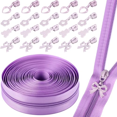 Zeyune #5 Regenbogen-Reißverschlussband, 9,1 m, Regenbogen-Zähne, Nylon-Reißverschluss mit 20 bunten Metallschiebern (10 Stile) für Heimwerker, Nähen, Schneiderhandwerk (niedlicher Stil, Hellviolett) von Zeyune