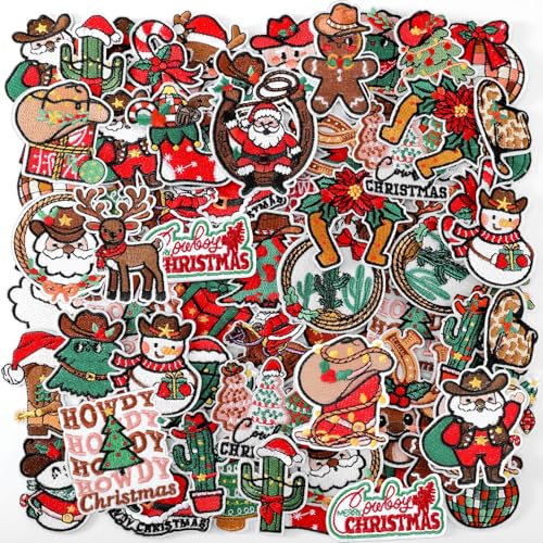Zeyune 72 Stück Weihnachts-Bügelbilder, Retro, Western-Hut, Aufnäher, Stickerei, Weihnachtsmann, Schneemann, Lebkuchen, Cowboy, Stiefel, Kaktus, Aufnäher für LKW, Hut, Kleidung, Socken, Jeans von Zeyune
