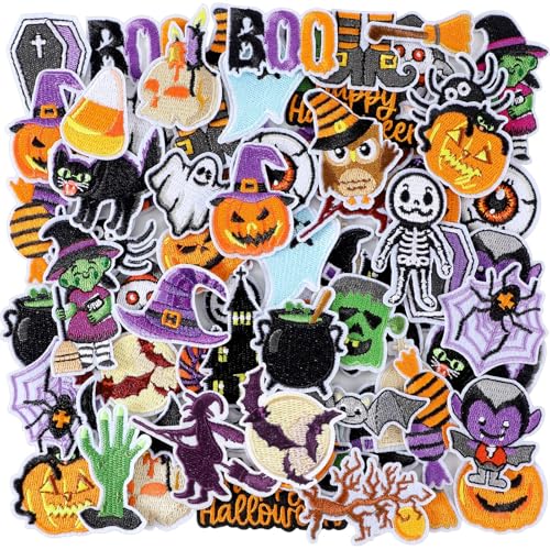 Zeyune Halloween-Aufnäher zum Aufbügeln, Motiv: Geist, Kürbis, Fledermaus, Zwerg, bestickte Applikation, niedliche schwarze Katze, Süßigkeiten, Mais, Halloween-Aufnäher für Hut, Kleidung, Rucksack von Zeyune
