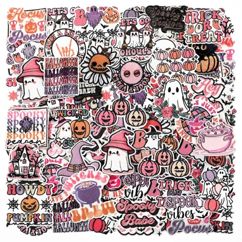 Zeyune Halloween-Aufnäher zum Aufbügeln, Motiv: rosa Geist, Kürbis, Katze, zum Aufnähen, bestickt, niedlich, gruselig, rosa, Halloween-Aufnäher für Hut, Kleidung, Rucksack, Jacke, Jeans, Hosen von Zeyune