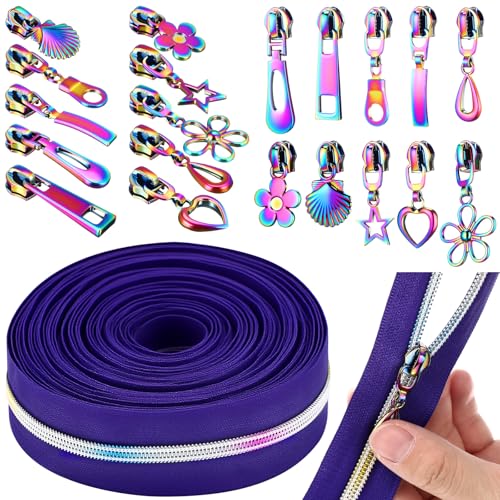 Zeyune Regenbogen-Reißverschlussband, 9,1 m, Regenbogen-Zähne, Nylon-Reißverschluss mit 20 bunten Metallschiebern (10 Stile) für Heimwerker, Nähen, Schneiderhandwerk (klassischer Stil, Dunkelviolett) von Zeyune
