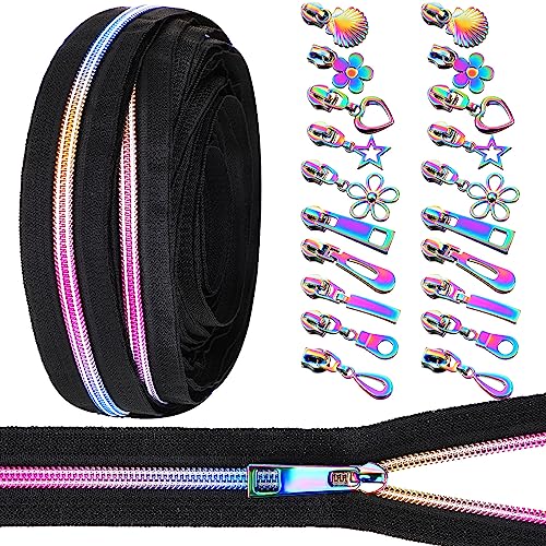 Zeyune The Yard #5 Regenbogen-Reißverschlussband, 9,1 m, Regenbogenzähne, Nylon-Reißverschluss mit 20 bunten Metallschiebern (10 Stile) für Heimwerker, Nähen, Schneidern, Basteln von Zeyune