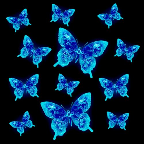 12 Stück Fluoreszierende Aufkleber 3D Schmetterlinge Leuchtend Wandtattoo Leuchtend Schmetterling Wandaufkleber Schmetterlinge Deko für Wohnzimmer Schlafzimmer Kinderzimmer Wanddeko Blau von Zfseyuh
