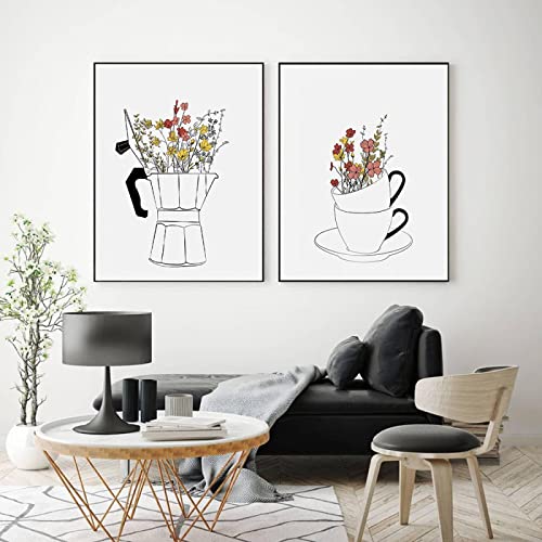 Kaffeeliebhaber Leinwand Malerei Tassen Blumen Malerei Moderne Wandkunst Poster für Wohnzimmer Café Küche Wohnkultur 50x70cm (20x28in) x2 Rahmenlos von Zhadongli Art