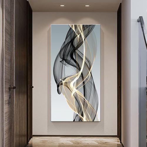 Zhadongli Art Großes, modernes, abstraktes Leinwandbild, Golden Lin Smoke Dign, neutrale Farbpalette, Posterdruck, Kunstwerk, Gemälde, Bild, 70 x 140 cm (28 x 55 Zoll), mit Rahmen von Zhadongli Art