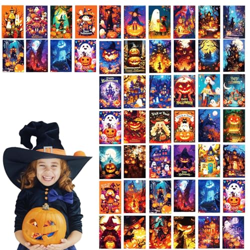Zhadyu Halloween-Grußkarten,Halloween-Karte - 50X gruselige Illustrationskarten,10,2 x 15,2 cm große, sortierte Grußkarten mit Kürbis-Skelett und Geisterschloss, Feiertags-Mitteilungskarten für von Zhadyu