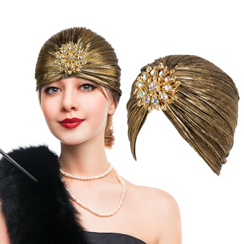 ZhangJJJJJJJ Frauen Vintage Turban Hut mit Strass Blume Dekoration für Halloween Karneval Party (Dunkelgold) von ZhangJJJJJJJ