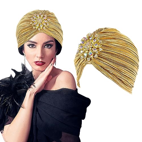 ZhangJJJJJJJ Frauen Vintage Turban Hut mit Strass Blume Dekoration für Halloween Karneval Party (Gold) von ZhangJJJJJJJ