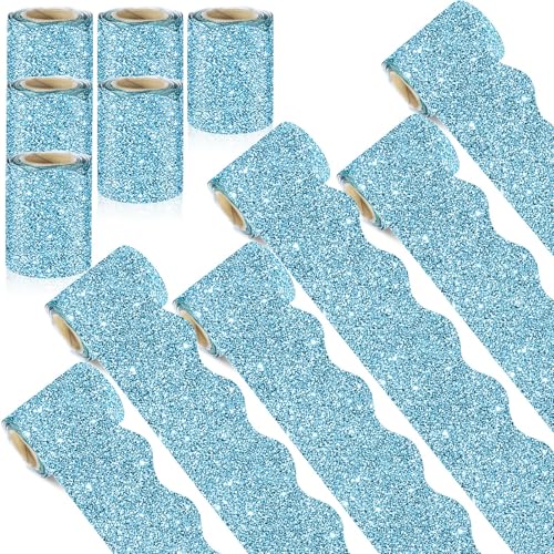 Zhanmai Glitzer-Pinnwand-Bordüren-Set für Klassenzimmer, Pinnwand, Dekoration, gewellt, gerollte Bordüre, für Schule, Klassenzimmer, Büro, Zuhause, DIY-Poster, Geburtstag, Hellblau, 6 Rollen von Zhanmai