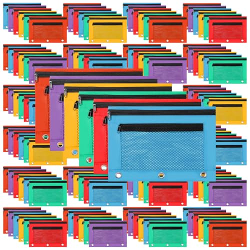 Zhehao 300 Stück Binder-Federmäppchen aus Netzstoff für 3-Ringbücher mit Reißverschluss und Doppeltasche für Schreibutensilien, Schulbedarf (helle Farbe) von Zhehao