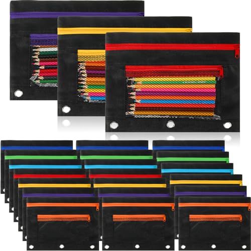 Zhehao Federmäppchen für 3-Ringbuch, Großpackung, Reißverschluss, Federmäppchen mit Netzfenster, Stoff, Doppeltasche, 3-Loch-Tasche zur Aufbewahrung von Schul- und Bürobedarf, 200 Stück (schwarz) von Zhehao
