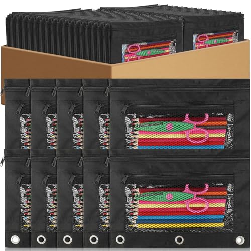 Zhehao Federmäppchen für 3-Ringbuch, Großpackung, Reißverschluss, Federmäppchen mit Netzfenster, Stoff, Doppeltasche, 3-Loch-Tasche zur Aufbewahrung von Schul- und Bürobedarf (klassisch), 200 Stück von Zhehao