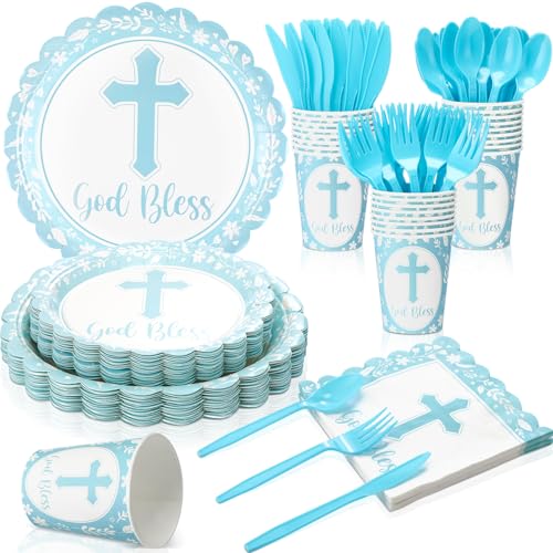 Zhehao Pappteller, Servietten, Becher, Besteck, Partyzubehör, Taufdekorationen, Gott Segen, Einwegzubehör für Erstkommunion, Neugeborene, Babyparty, Taufe, Kirche, 25 Sets (blau) von Zhehao