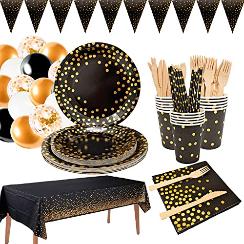 Schwarzes und goldenes Partygeschirr, Partygeschirr-Set, goldene Folie Polka Dot Geburtstag Partygeschirr für Partys, Hochzeiten, Jubiläen, Geburtstage (16 Portionen) von ZhiheHui