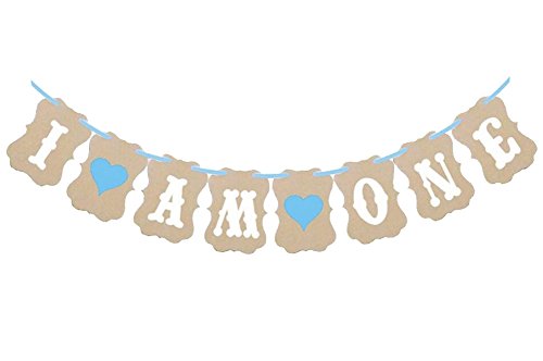 Zhiheng Wimpelkette mit Aufschrift "I Am One", Kraftkarten-Girlande zum Aufhängen für den 1. Geburtstag, Babyparty, Party (Vintage + Blau) von Zhiheng