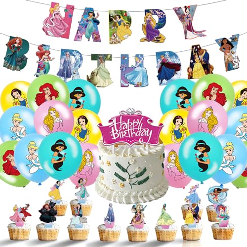 34 Stück Prinzessin Party Dekoration, Cartoon Prinzessin Party Deko, Geburtstags Kuchen Cupcake Topper Dekoration, Happy Birthday Banner Luftballons für Mädchen Geburtstags Dekoration von Zhlearda
