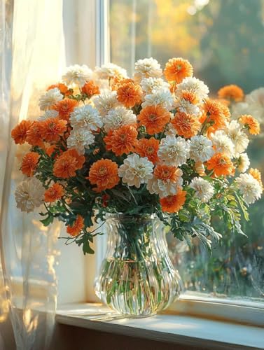 Diamond Painting Blumen In Einer Vase, 5D Diamond Painting Erwachsene kinder Bilder, Fensterbank Crystal Art Basteln Erwachsene Set, DIY Runde Mosaikherstellung Bastelset, für Dekor 60X80cm W-07 von Zhngxogg