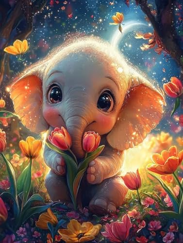 Diamond Painting Elefant, 5D Diamond Painting Erwachsene kinder Bilder, Blume Crystal Art Basteln Erwachsene Set, DIY Runde Mosaikherstellung Bastelset für Weihnachten Wand Dekor Geschenk 60X80cm E-43 von Zhngxogg