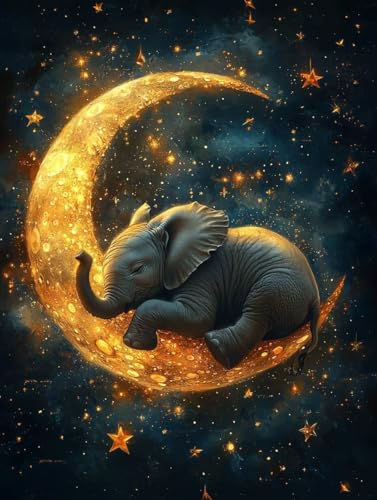 Diamond Painting Erwachsene Elefant, Diamant Painting Bilder Kinder Mond, DIY Runde Steine Basteln Erwachsene Anfänger Set, 5D Diamond Art Bastelset, für ﻿Weihnachten Decorations Geschenk 30X40cm E-42 von Zhngxogg