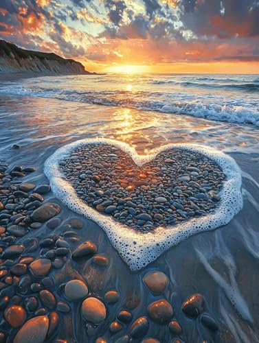 Diamond Painting Erwachsene Herzform, Diamant Painting Bilder Kinder Strand, DIY Runde Steine Basteln Erwachsene Anfänger Set, 5D Diamond Art Bastelset, für ﻿Weihnachten Decorations 60X80cm E-90 von Zhngxogg