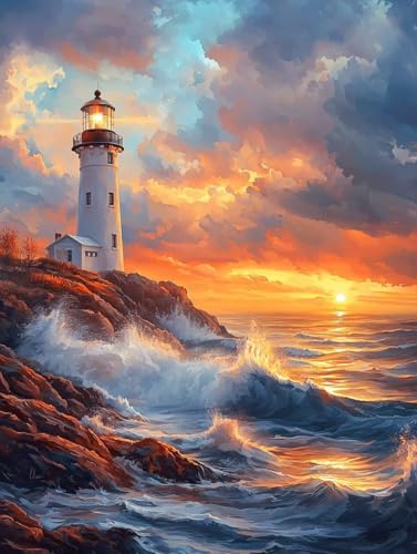 Diamond Painting Erwachsene Leuchtturm, Diamant Painting Bilder Kinder Sonnenuntergang, DIY Runde Steine Basteln Erwachsene Anfänger Set, 5D Diamond Art Bastelset, ﻿Weihnachten Geschenk 60X80cm W-16 von Zhngxogg