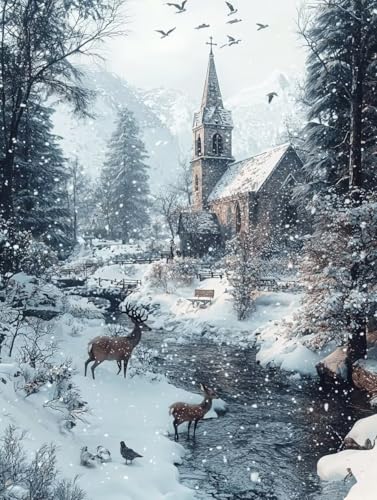 Diamond Painting Erwachsene Winter, Diamant Painting Bilder Kinder Landschaft, DIY Runde Steine Basteln Erwachsene Anfänger Set, 5D Diamond Art Bastelset, für ﻿Weihnachten Decorations 60X80cm W-60 von Zhngxogg