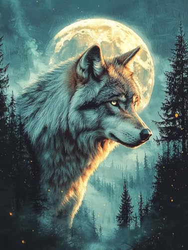 Diamond Painting Erwachsene Wolf, Diamant Painting Bilder Kinder Tier, DIY Runde Steine Basteln Erwachsene Anfänger Set, 5D Diamond Art Bastelset, für ﻿Weihnachten Decorations Geschenk 60X80cm Q-04 von Zhngxogg