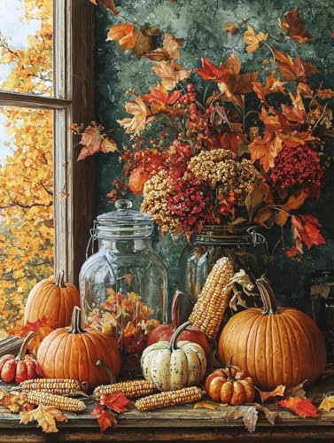 Diamond Painting Kürbis, 5D Diamond Painting Erwachsene kinder Bilder, Herbst Crystal Art Basteln Erwachsene Set, DIY Runde Mosaikherstellung Bastelset für Weihnachten Wand Dekor Geschenk 60X80cm W-67 von Zhngxogg