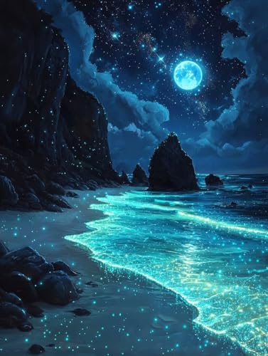 Diamond Painting Nacht, 5D Diamond Painting Erwachsene kinder Bilder, Strand Crystal Art Basteln Erwachsene Set, DIY Runde Mosaikherstellung Bastelset für Weihnachten Wand Dekor Geschenk 60X80cm E-77 von Zhngxogg