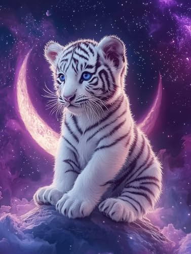 Diamond Painting Tiger, 5D Diamond Painting Erwachsene kinder Bilder, Mond Crystal Art Basteln Erwachsene Set, DIY Runde Mosaikherstellung Bastelset für Weihnachten Wand Dekor Geschenk 60X80cm W-97 von Zhngxogg