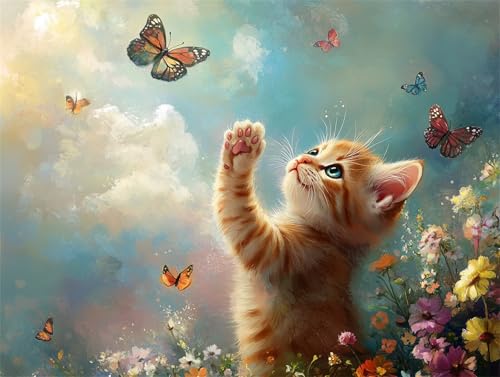 Diamond Painting Katze Diamant Painting Bilder Erwachsene Blume, Basteln Mädchen 8 9 10 Jahre, Diamond Art Eckige Steine, DIY Diamant Malerei Bastelset Erwachsene für Deko Wohnzimmer 80x60 cm H-5 von Zhngzoyn