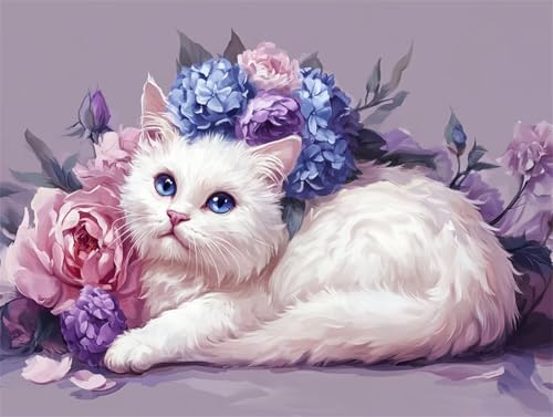 Diamond Painting Katze Diamant Painting Bilder Erwachsene Blume, Basteln Mädchen 8 9 10 Jahre, Diamond Art Eckige Steine, DIY Diamant Malerei Bastelset Erwachsene für Deko Wohnzimmer 90x70 cm H-2 von Zhngzoyn