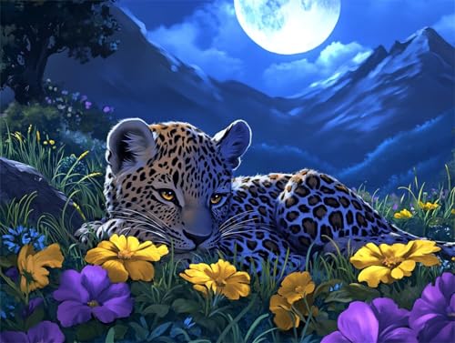 Diamond Painting Tier Diamant Painting Bilder Erwachsene Leopard, Basteln Mädchen 8 9 10 Jahre, Diamond Art Eckige Steine, DIY Diamant Malerei Bastelset Erwachsene für Deko Wohnzimmer 60x45 cm R-7 von Zhngzoyn