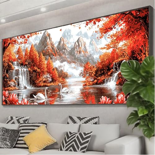 Diamond Painting XXL 125x50 cm, 5D Diamant Painting Bilder Schwan Diamant Art Malerei Wasserfall,DIY Eckige Steine Crystal Stickerei Kreuzstich Bastelset Erwachsene für Zimmer Deko Geschenke Z0-270 von Zhngzoyn