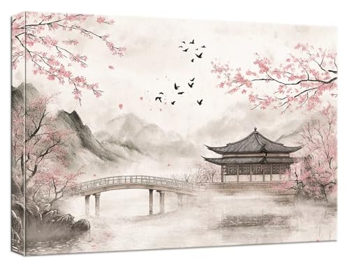 Malen Nach Zahlen Erwachsene Brücke, Paint by Numbers Adult DIY Set Erwachsene Malen Nach Zahlen Kirschblüten mit 3 Pinsel und Acrylpigment Kit für Anfänger Home Dekor, Ohne Rahmen 60x90cm, Model845 von Zhnncfgg