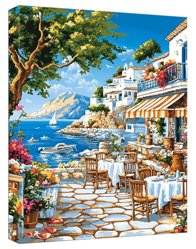 Malen Nach Zahlen Erwachsene Cliff Malen Nach Zahlen Kleine Stadt Paint by Numbers DIY GemäLde Kit mit 3 Maler Pinsel und Acrylpigment, Kreatives für Erwachsene Geschenk Anfänger, 80x120cm, Model46 von Zhnncfgg