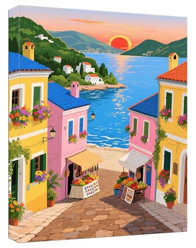 Malen Nach Zahlen Erwachsene Dorf Malen Nach Zahlen Straße Paint by Numbers DIY GemäLde Kit 3 Maler Pinsel und Acrylpigment, Kreatives für Erwachsene Geschenk Anfänger für Home Decor, 60x90cm,Model466 von Zhnncfgg