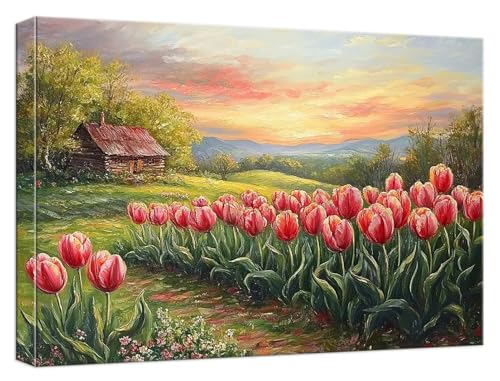 Malen Nach Zahlen Erwachsene Tulpe, Paint by Numbers Adult DIY Set Erwachsene Malen Nach Zahlen Landschaft mit 3 Pinsel und Acrylpigment Kit für Anfänger Home Dekor, Ohne Rahmen 45x60cm, Model563 von Zhnncfgg