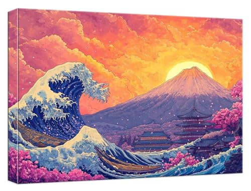 Malen Nach Zahlen Japan Malen Nach Zahlen Kinder ab 7 Meereswellen DIY Basteln Erwachsene Handgemalt Ölgemälde Mit 3 Pinseln Acrylfarbe Knitterfreie Leinwand für Geschenke Home Dekor 40x50cm, Model552 von Zhnncfgg