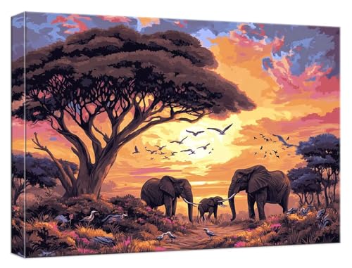 Malen Nach Zahlen Sonnenuntergang Malen Nach Zahlen Kinder ab 7 Elefant DIY Anfänger Basteln Erwachsene Handgemalt Ölgemälde Mit 3 Pinseln und Acrylfarbe für Geschenke Home Dekor 100x150cm, Model840 von Zhnncfgg