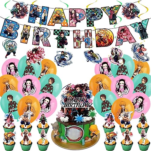 Anime Party Dekoration Set Nezuko/Tanjiro/Kyoujurou Thema Geburtstag Party Supplies Dekorationen Happy Birthday Banner, Luftballons, Kuchen Toppers, Cupcake Toppers von Zhongkaihua