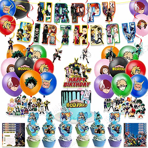 My Hero Academia Thema, Geburtstagsparty-Zubehör, inklusive 1 Banner, 1 Tortenaufsatz, 12 Cupcake-Aufsätze, 21 Luftballons, 6 hängende Wirbel, 10 Geburtstagskarten, 50 Aufkleber-Dekorationen My Hero Academia Thema, Geburtstagsparty-Zubehör, inklusive 1 Banner, 1 Tortenaufsatz, 12 Cupcake-Aufsätze, 21 Luftballons, 6 hängende Wirbel, 10 Geburtstagskarten, 50 Aufkleber-Dekorationen von Zhongkaihua