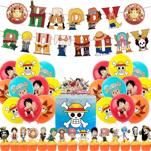 Zhongkaihua Anime Party Dekoration Set Luffy/Zoro/Sanji Thema Geburtstag Party Supplies Dekorationen Happy Birthday Banner, Luftballons, Kuchen Toppers, Cupcake Toppers von Zhongkaihua