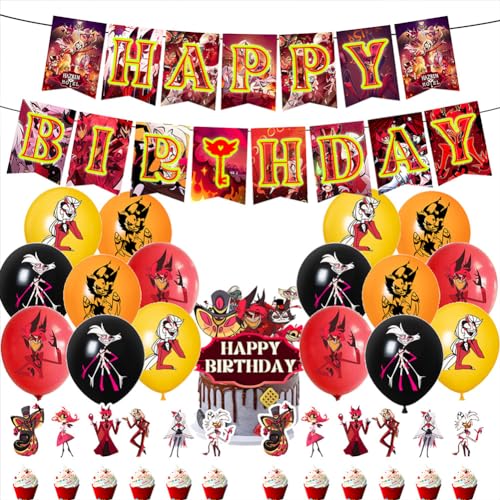Zhongkaihua Hazbin Hotel Party Dekorationen Geburtstag Kuchen Dekoration Supplies Set, enthalten Happy Birthday Banner, Cake Topper, Cupcake Topper, Luftballons von Zhongkaihua