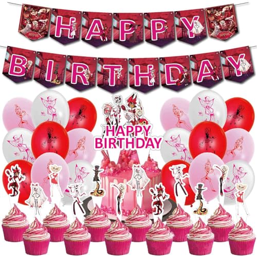 Zhongkaihua Hazbin Hotel Party Dekorationen Geburtstag Kuchen Dekoration Supplies Set, enthält Happy Birthday Banner, Cake Topper, Cupcake Topper, Luftballons von Zhongkaihua
