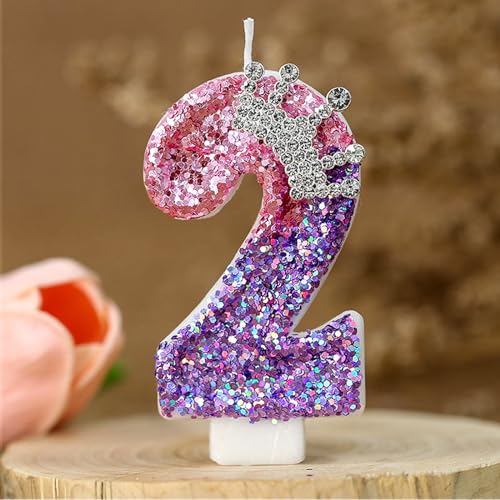 Geburtstagskerzen Zahlen 2, Krone Geburtstag Nummer Kerzen, Glitzernde Zahlenkerze Rosa Lila Zahlenkerzen Kuchenaufsatz für Geburtstag, Jubiläum.(Nummer 2) von Zhtulck