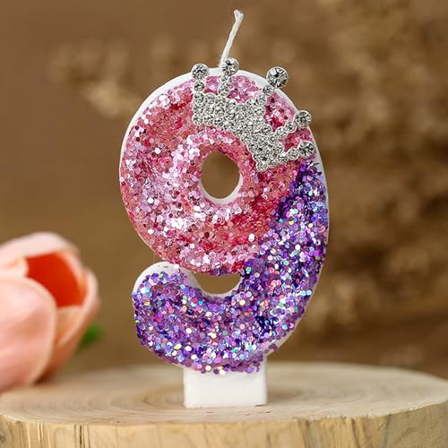 Geburtstagskerzen Zahlen 9, Krone Geburtstag Nummer Kerzen, Glitzernde Zahlenkerze Rosa Lila Zahlenkerzen Kuchenaufsatz für Geburtstag, Jubiläum.(Nummer 9) von Zhtulck