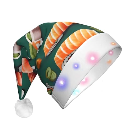 Zhuanyun Sushi Essen Muster Druck Flanell Nikolausmützen Weihnachtsmützen mit LED-Lichtern Nikolausmütze für Kostümpartys Zhuanyun Sushi Essen Muster Druck Flanell Nikolausmützen Weihnachtsmützen mit LED-Lichtern Nikolausmütze für Kostümpartys von Zhuanyun