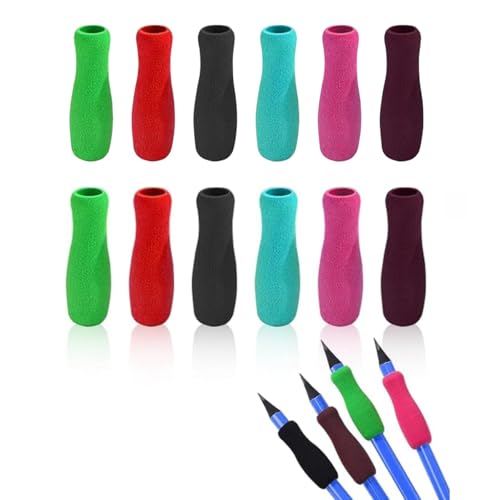 12 x farbige Schaumstoff-Bleistiftgriffe, weicher Schaumstoff für Erwachsene, Pinselhalter, ergonomischer offener Slip-Einsatz, für Rechts- und Linkshänder, zum Zeichnen, Handschreiben, Malen, Bildung von Zhuluck
